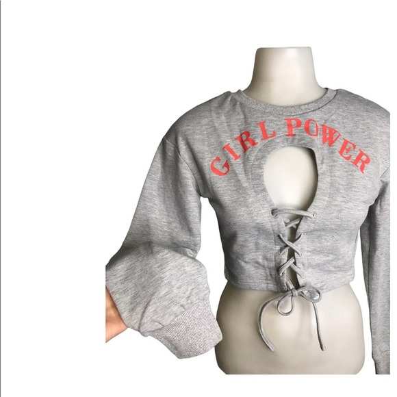 Shein | Girl Power Graphic Lace Up Cut Out Chest Long Sleeve Crop top - Picture 1 of 8